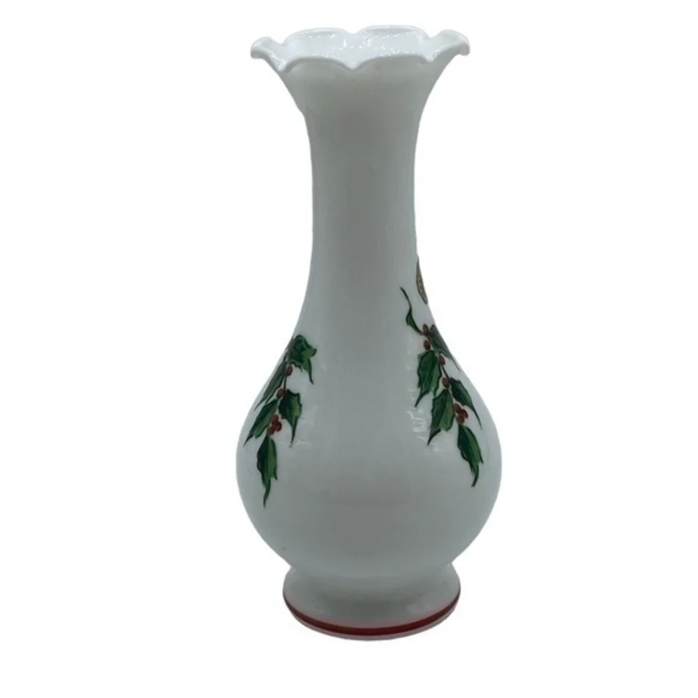 Vintage Westmoreland Glass Holiday Holly Ruffle Top Vase Handcrafted